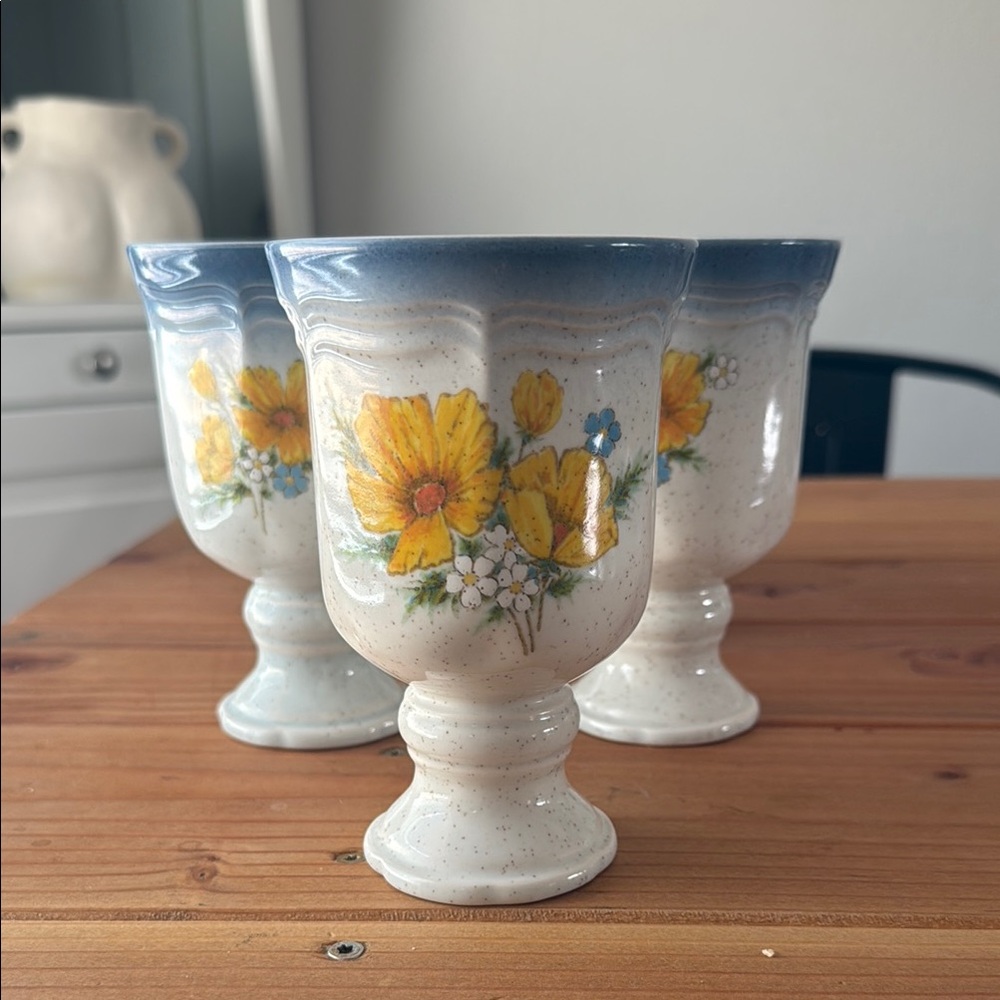 Floral Goblets with Blue Rim